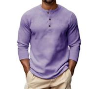 Men's Long Sleeve Henley Top Soft Spring Pop Travel Long Sleeve Tops Men Cozy Henley Solid Button Waffle Knit Tshirts Men Purple M