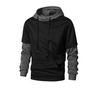 Men's Long Sleeve Hooded Sweatshirt - Faux Two-Piece Sports Sweatshirt Large Size Casual Sweatshirt Chic Loose Fit Simple Classic Contrast Colours Basic Hoodie, Black, XXL