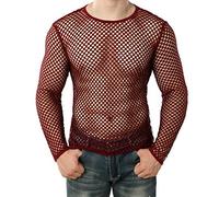 Mens Long-Sleeve Mesh T-Shirts Sexy See Through Fishnet Fitted Undershirts Stretch Vest Transparent Slim Fit Muscle Tops Breathable Fitness Sport Tee Workout Tank Top for Nightclubwear Wine Red