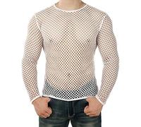 Mens Long-Sleeve Mesh T-Shirts Sexy See Through Fishnet Fitted Undershirts Stretch Vest Transparent Slim Fit Muscle Tops Breathable Fitness Sport Tee Workout Tank Top for Nightclubwear White