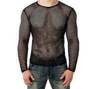 Mens Long-Sleeve Mesh T-Shirts Sexy See Through Fishnet Fitted Undershirts Stretch Vest Transparent Slim Fit Muscle Tops Breathable Fitness Sport Tee Workout Tank Top for Nightclubwear Black