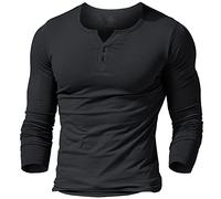 Mens Long Sleeve Muscle Slim Fitted Cotton Henley T-Shirt with Buttons Black 2XL