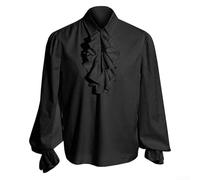 Mens Long Sleeve Pirate Blouse with Ruffle Collar, Renaissance Steampunk Shirt for Events (XL Black)