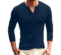 Men's Long Sleeve Plain Button Down V-Neck T-Shirt with Elastic Band, blue, XL