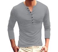 Men's Long Sleeve Plain Button Down V-Neck T-Shirt with Elastic Band, gray, XL