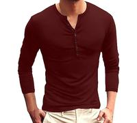 Men's Long Sleeve Plain Button Down V-Neck T-Shirt with Elastic Band, Wine Red, XL