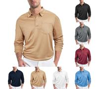 Mens Long Sleeve Polo Shirts Casual Loose Button Down Front Long Sleeved Lapel Shirt Work Golf Hiking Tops with Pocket Lightweight Breathable Solid Color Basic Sweatshirts White