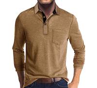 Mens Long Sleeve Polo Shirts Casual Solid Color Golf Shirts Breathable Work Top with 3 Boutons