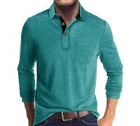 Mens Long Sleeve Polo Shirts Casual Solid Color Golf Shirts Breathable Work Top with 3 Boutons