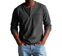 Mens Long Sleeve Polo Shirts Retro Washed Distressed Shirt Button Down Lapel T-Shirts Retro Cotton Tops Blouse Tees Camisa para Playa Hombre(Z01-Black, M)