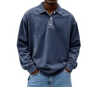 Mens Long Sleeve Polo Shirts Retro Washed Distressed Shirt Button Down Lapel T-Shirts Retro Cotton Tops Blouse Tees Camisa Polo Manga Larga para Hombre(Dark Blue, XXL)