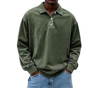 Mens Long Sleeve Polo Shirts Retro Washed Distressed Shirt Button Down Lapel T-Shirts Retro Cotton Tops Blouse Tees Playeras Polo para Hombres(Green, XL)