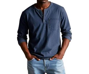 Mens Long Sleeve Polo Shirts Retro Washed Distressed Shirt Button Down Lapel T-Shirts Retro Cotton Tops Blouse Tees Camisa De Lino para Hombre(Z01-Dark Blue, M)