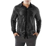Men's Long Sleeve Shirt 70s Disco Shirts with Sequins Button Shirt Down Disco Glitter Night Club Fancy Dress Top Night Club Top for 50s 60s 70s Cosplay Halloween Party