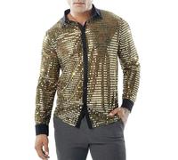 Men's Long Sleeve Shirt 70s Disco Shirts with Sequins Button Shirt Down Disco Glitter Night Club Fancy Dress Top Night Club Top for 50s 60s 70s Cosplay Halloween Party