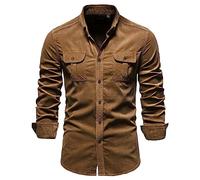 Mens Long Sleeve Shirts Cotton Corduroy Tops Long Sleeve Lapel Button Down Shirts with Pockets Loose Travel Hiking Fishing Camping Coat Men Military Style Tactical Work Tops