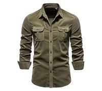Mens Long Sleeve Shirts Cotton Corduroy Tops Long Sleeve Lapel Button Down Shirts with Pockets Loose Travel Hiking Fishing Camping Coat Men Military Style Tactical Work Tops