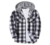 Mens Long Sleeve Shirts Men's Button Plaid Hooded Shirt with Double Pockets and Drawstring Casual Comfy Hoodie for Men Checked Jacket Flannel Regular Fit (White, XXL)