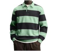 Men's Long Sleeve Striped Rugby Shirt Casual Button Up V Neck Polo Tops | Soft Cotton Sweatshirt, Oversized Pullover, Loose Color Block Jumper Tops, Plus Size Pullovers
