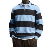 Mens Long Sleeve Striped Shirt Loose Fit,Mens Oversized Long Sleeve T Shirt | Rugby Polo Shirt Striped Knitted Jumper with Collar | Classic Top for A Sporty Elegant Look Casual Blouse UK Blue