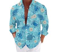 Mens Long Sleeve Summer Beach Shirt - Hawaiian Holiday Print Button Down Shirts Generous Fit Country Style Casual Streetwear Fashion Outdoor Vacation Outfits Super Premium Light Blue