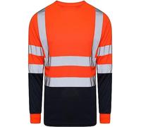 Mens Long Sleeve Summer Work Round Neck Tee High Visibility Top Adults Hi Vis Work Wear T Shirt Unisex Outdoor Utility Uniform Reflective Tape Basic Top (Orange/Navy Small)