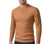 Men's Long-Sleeve Sweater Classic Casual Solid Color Basic Pullover Regular Fit Soft Breathable Knitwear E-Caramel M