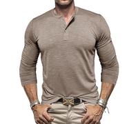 Mens Long Sleeve T Shirts - Slim Fit Casual Three Button Tees - Fall Fashion Clothes Tee Daily Wear Basic Top Khaki XL