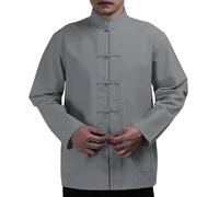 Mens Long Sleeve Tang Suit Shirt,Mandarin Collar Shirts for Men Loose Oriental Blouse Kung Fu Casual Tops with Pockets Frog Button Coat Stand Collar Clothes for Ancient Town Travel Shooting Grey