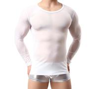 Men's Long Sleeve Tops, Sexy See Through Sheer Mesh Undershirt for Men, Slim Fit Gym Training Workout Tee Shirt Pullover Tops, Round Neck Transparent Tops Clubwear for Party Rave Disco Performance