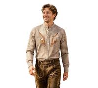 Men's Long Sleeve White Coffee Checked Button Up Traditional Shirt | Traditional shirts for men, stand-up collar, large sizes with patterned, regular western shirt for Oktoberfest and Bavarian