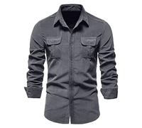 Men's Long Sleeve Work Snap Button Up Solid Corduroy Twill Shirt Casual Corduroy Button Down Shacket Jacket with Flap Pocket(Grey,Medium)
