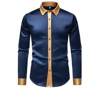 Men's Long Sleeved Shirt Business Casual Classic Buttoned Placket T-Shirt Lightweight Fashion Color Matching Work Shirts H-Navy S