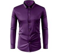 Men's Long Sleeved Shirt Business Casual Classic Buttoned Placket T-Shirt Lightweight Fashion Solid Color Work Shirts D-Purple XL