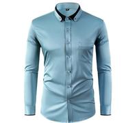 Men's Long Sleeved Shirt Business Casual Classic Buttoned Placket T-Shirt Lightweight Fashion Solid Color Work Shirts A-Blue L