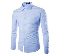 Men's Long Sleeved Shirt Classic Business Casual Buttoned Placket T-Shirt Lightweight Fashion Solid Color Work Shirts C-Light Blue M