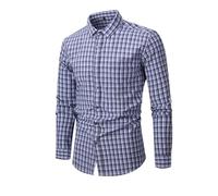 Men's Long Sleeved Shirt Lightweight Fashion Checkered Work Shirts Business Casual Classic Buttoned Placket T-Shirt L-Navy M