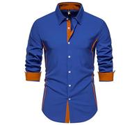Men's Long Sleeved Shirt Lightweight Fashion Color Matching Work Shirts Business Casual Classic Buttoned Placket T-Shirt F-Blue XXL