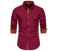 Men's Long Sleeved Shirt Lightweight Fashion Color Matching Work Shirts Business Casual Classic Buttoned Placket T-Shirt E-Wine Red XL