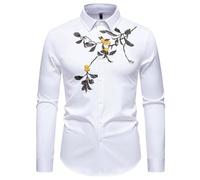 Men's Long Sleeved Shirt Lightweight Fashion Embroidery Work Shirts Business Casual Classic Buttoned Placket T-Shirt C-White XL
