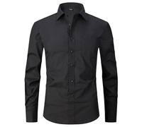 Men's Long Sleeved Shirt Lightweight Fashion Solid Color Buttoned Placket T-Shirt Business Casual Classic Work Shirts A-Black 4XL