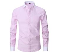 Men's Long Sleeved Shirt Lightweight Fashion Solid Color Buttoned Placket T-Shirt Business Casual Classic Work Shirts G-Pink 6XL