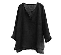 Men's Long-Sleeved Shirt - V-Neck Cotton Linen Top Large Size Lightweight Breathable Oversize Blouse Solid Colour Casual Summer Loose Basic Classic Beach Tunic, Black, L