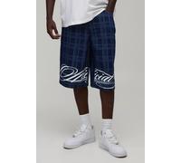 Men's Longline Check Printed Denim Jorts | Indigo | Size 40R | BOOHOOMAN