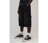 Men's Longline Cross Applique Carpenter Jorts | Black | Size 40 | BOOHOOMAN