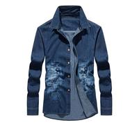 Men's Longsleeve Tops Slim Fit Lapels Men's Solid Color Shirt Casual Fashion Men's All-Match Jeans Shirt Youth Men Classic Vintage Long Sleeve Shirts D-Dark Blue2 5XL