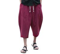 Men's Loose Cotton Linen Shorts 3/4 Summer Casual Boho Long Shorts Elasticated Waist Wide Leg Trouser Beach Yoga Trouser Lightweight Pants with Pockets