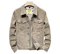Mens Loose Denim Jacket - Solid Color Corduroy Autumn Jean Coat, Retro Tooling Long Sleeve Button Up Wash Cowboy Top, With Pockets For For Teenager Plus Size S - 4Xl,Khaki,L