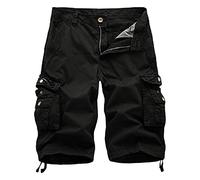 Men's Loose Large Size Multi-Pocket Cropped Trousers Mid Waist Cargo Shorts Straight Leg Zip-Up Stretch Work Short (Black,48)