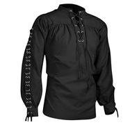 Men's Loose Linen Medieval Gothic Renaissance Shirt Long Sleeve Viking Pirate Mercenary Scottish Costume (Black, 3XL)